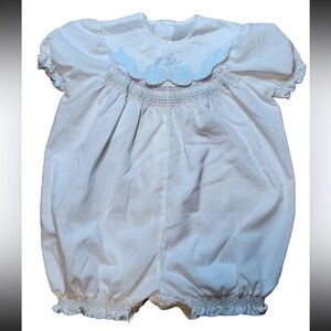Vintage Smocked Bib Collar Bubble Romper Pink Embroidered Detail Handmade